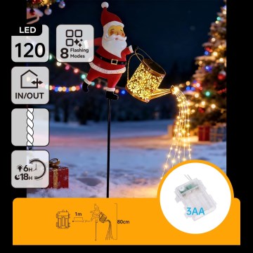 Aigostar - LED Vanjska božićna dekoracija 120xLED/3xAA/8 funkcija 80 cm IP44 Santa/topla bijela