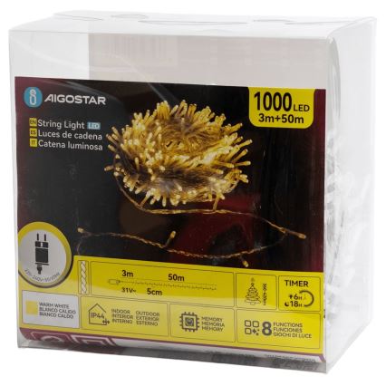 Aigostar - LED vanjski božićni niz 1000xLED/8 funkcija 50m IP44 topla bijela
