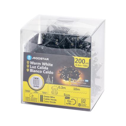 Aigostar - LED Vanjska božićna girlanda 200xLED/8 funkcija 3xAA 10,3m IP44 topla bijela
