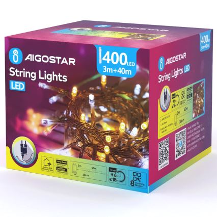 Aigostar - LED vanjski božićni niz 400xLED/8 funkcija 43m IP44 topla bijela/hladna bijela