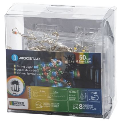 Aigostar - LED vanjska božićna girlanda 50xLED/8 funkcija 3xAA 1,8m IP44 višebojna