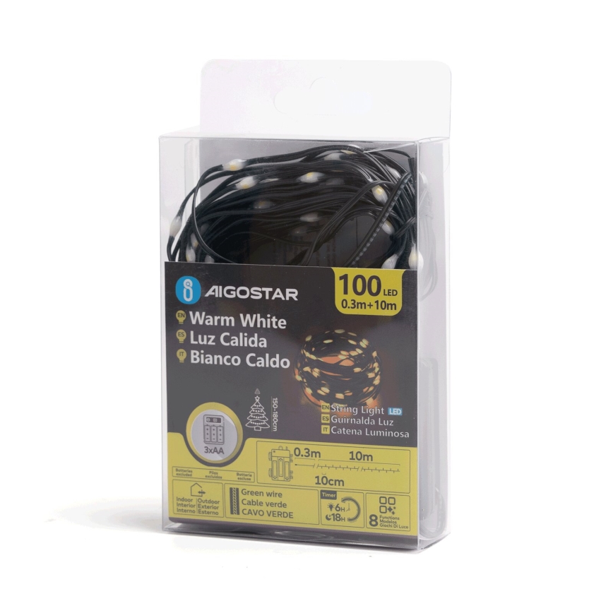 Aigostar - LED vanjski božićni lanac 100xLED/8 funkcija 3xAA 10,3m IP44 topla bijela