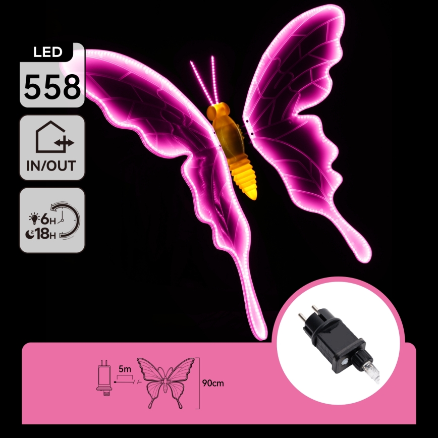 Aigostar - LED Vanjska dekoracija 558xLED 90 cm IP44 leptir/ružičasta