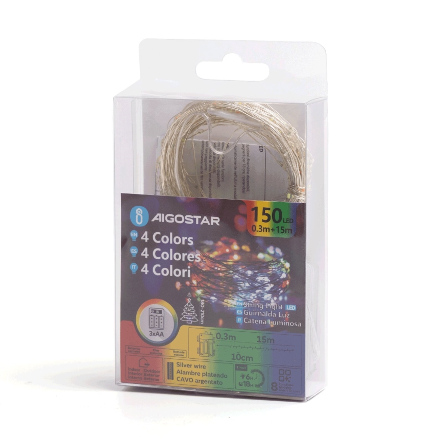 Aigostar - LED vanjski niz lampica 150 LED/8 funkcija/3xAA 15,3 m IP44 višebojno