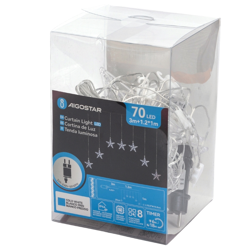 Aigostar - LED vanjski niz 70xLED 1,2x1m IP44 hladno bijela zvijezde