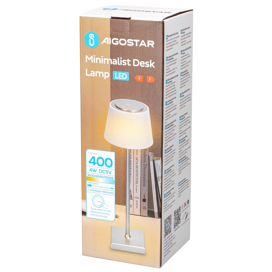 Aigostar - LED Vanjska prigušiva punjiva stolna lampa LED/4W/5V 3600mAh bijela/mat krom IP54
