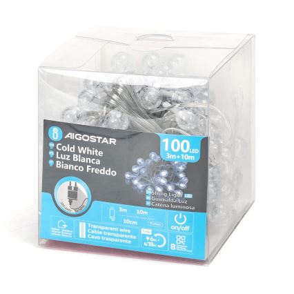 Aigostar - LED Vanjske božićne lampice 100xLED/8 funkcija 13m IP44 hladna bijela