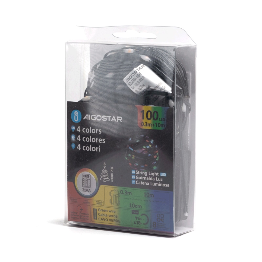 Aigostar-LED Vanjske božićne lampice 100xLED/8 funkcija 3xAA 10,3m IP44 multicolor