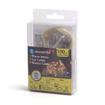 Aigostar -LED Vanjske božićne lampice 100xLED/8 funkcija 3xAA 10,3m IP44 topla bijela