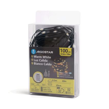 Aigostar - LED Vanjske božićne lampice 100xLED/8 funkcija 3xAA 10,3m IP44 topla bijela