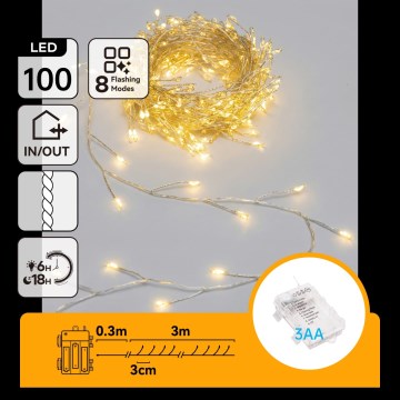 Aigostar - LED vanjske božićne lampice 100xLED/8 funkcija 3xAA 3,3m IP44 topla bijela