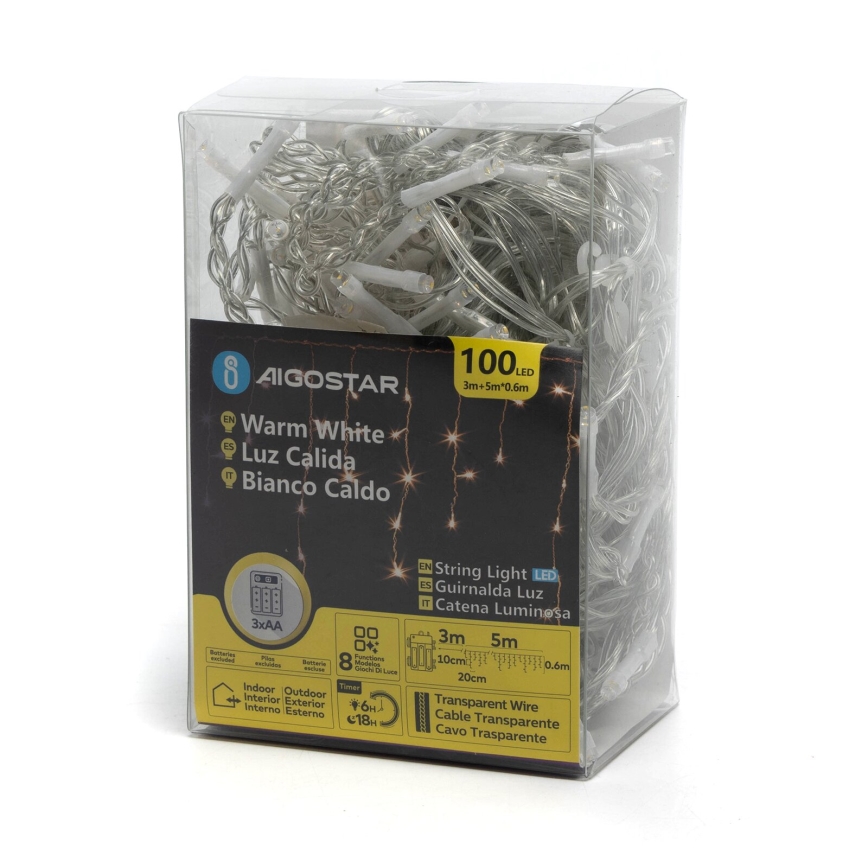 Aigostar-LED Vanjske božićne lampice 100xLED/8 funkcija 3xAA 8x0,6m IP44 topla bijela
