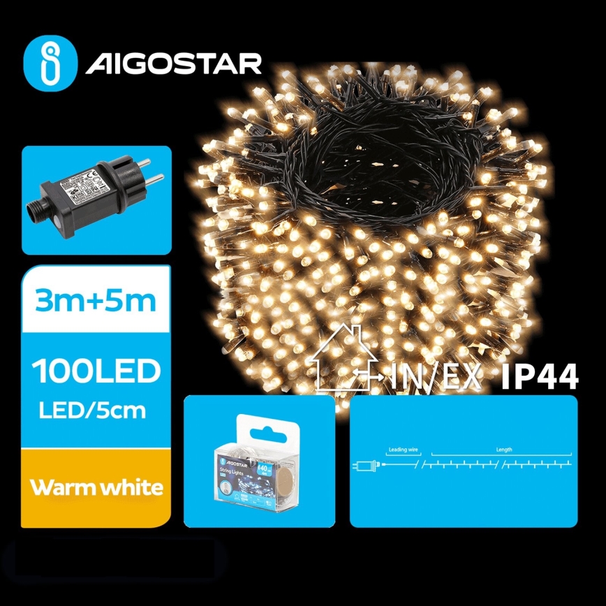 Aigostar - LED Vanjske božićne lampice 100xLED/8 funkcija 8m IP44 topla bijela
