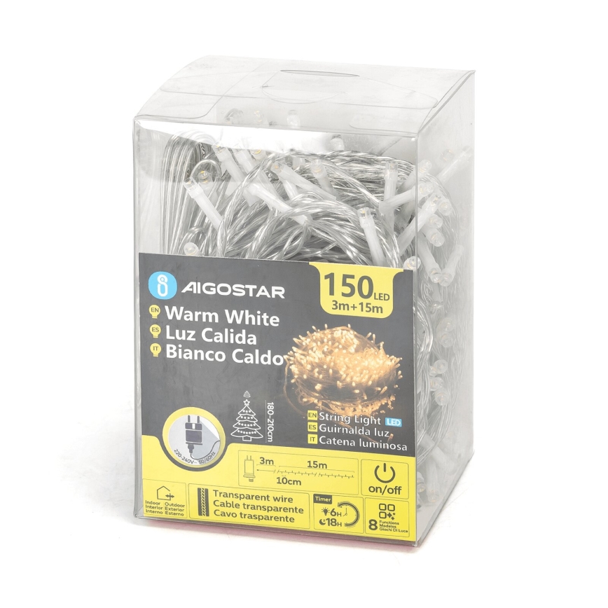 Aigostar - LED Vanjske božićne lampice 150xLED/8 funkcija 18m IP44 topla bijela