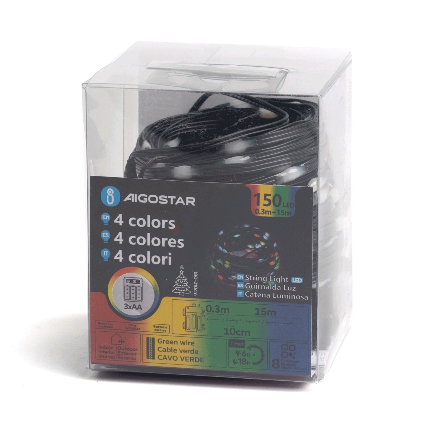 Aigostar -LED Vanjske božićne lampice 150xLED/8 funkcija 3xAA 15,3m IP44 multicolor