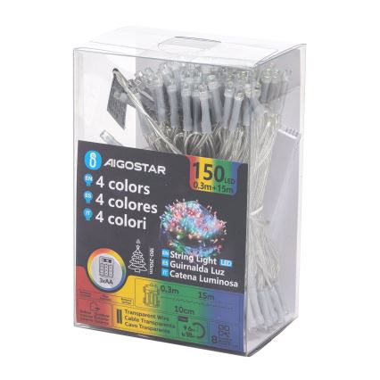 Aigostar -LED Vanjske božićne lampice 150xLED/8 funkcija 3xAA 15,3m IP44 multicolor