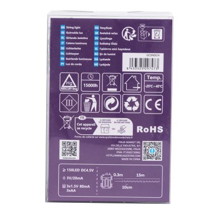 Aigostar -LED Vanjske božićne lampice 150xLED/8 funkcija 3xAA 15,3m IP44 multicolor