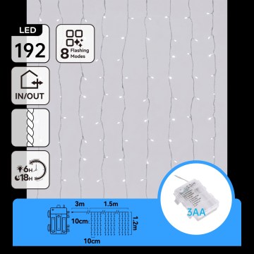 Aigostar - LED vanjske božićne lampice 192xLED/8 načina 3xAA 4,5x1,2m IP44 hladno bijela