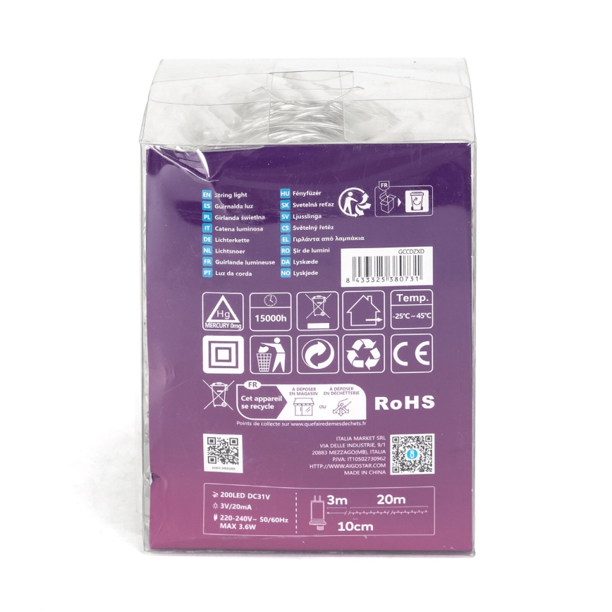 Aigostar - LED Vanjske božićne lampice 200xLED/8 funkcija 23m IP44 topla bijela