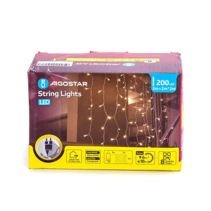 Aigostar - LED Vanjske božićne lampice 200xLED/8 funkcija 5x2m IP44 topla bijela