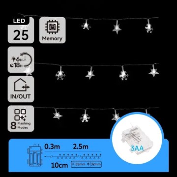 Aigostar - LED vanjske božićne lampice 25xLED/8 funkcija 3xAA 2,5 m IP44 hladno bijela