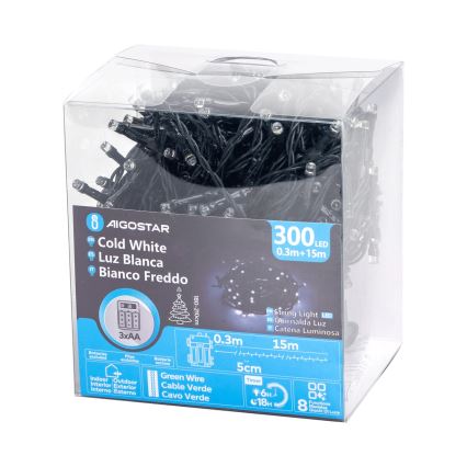 Aigostar - LED Vanjske božićne lampice 300xLED/8 funkcija 15,3m IP44 hladna bijela
