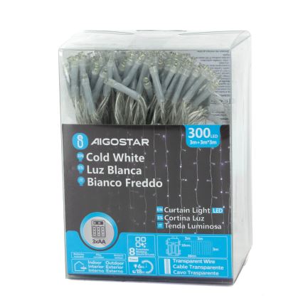 Aigostar-LED Vanjske božićne lampice 300xLED/8 funkcija 3xAA 6x2m IP44 hladna bijela