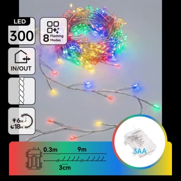 Aigostar - LED vanjske božićne lampice 300xLED/8 funkcija 3xAA 9,3m IP44 višebojno