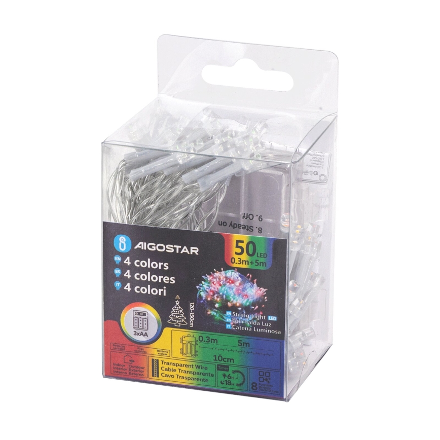 Aigostar - LED Vanjske božićne lampice 50xLED/8 funkcija 3xAA 5,3m IP44 multicolor