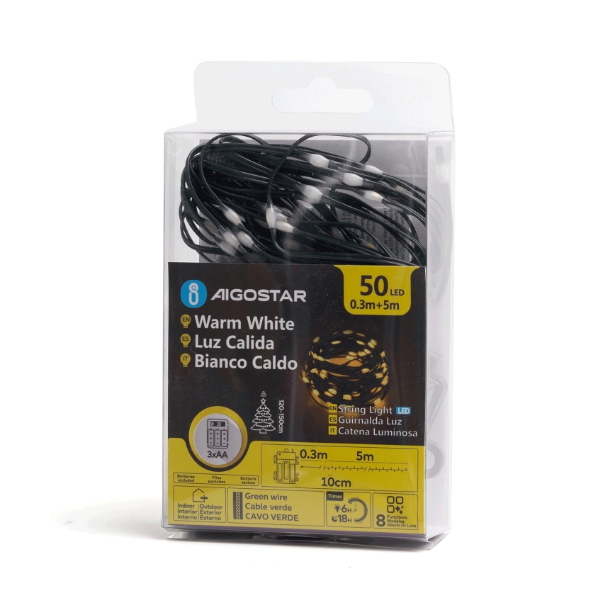 Aigostar - LED Vanjske božićne lampice 50xLED/8 funkcija 3xAA 5,3m IP44 topla bijela