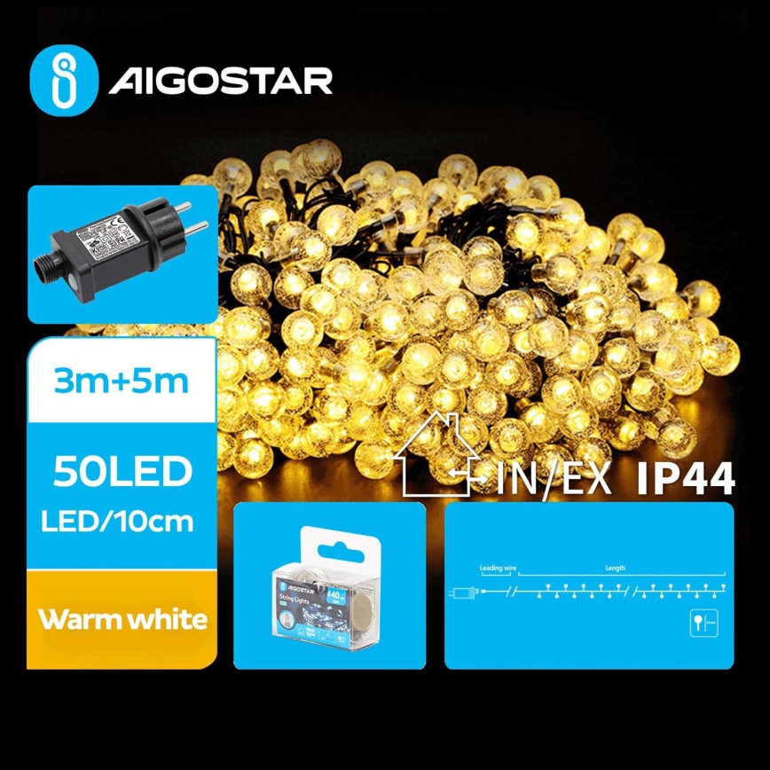 Aigostar - LED Vanjske božićne lampice 50xLED/8 funkcija 8m IP44 topla bijela