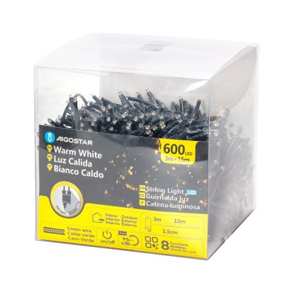 Aigostar - LED Vanjske božićne lampice 600xLED/8 funkcija 18m IP44 topla bijela