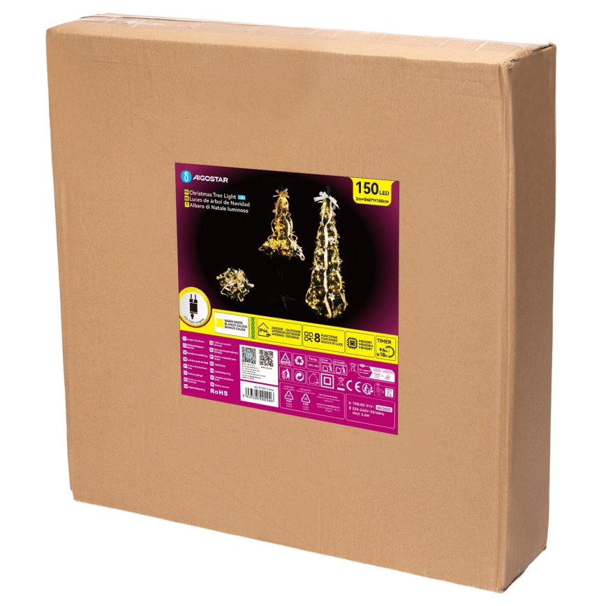 Aigostar - LED vanjsko božićno stablo 150 LED 1,8m IP44 bijela/zlatna topla bijela