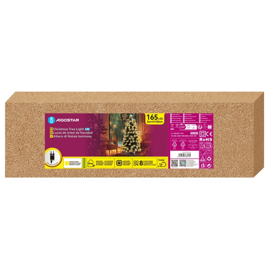 Aigostar - LED Vanjsko božićno drvce 165xLED/8 funkcija 1,5 m IP44 topla bijela
