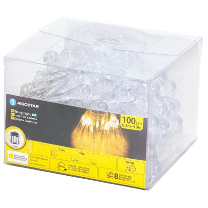 Aigostar - LED vanjski božićni niz 100xLED/8 funkcija 3xAA 10 m IP44 toplo bijela kapljice