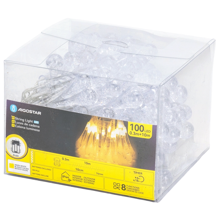 Aigostar - LED vanjski božićni niz 100xLED/8 funkcija 3xAA 10 m IP44 toplo bijela kapljice