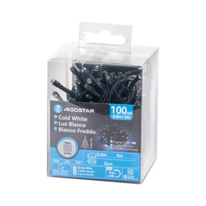 Aigostar - LED vanjska božićna girlanda 100xLED/8 funkcija 3xAA 5,3 m IP44 hladno bijela