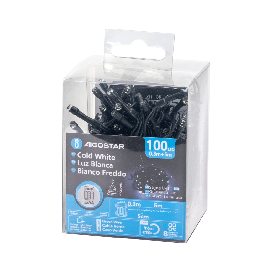 Aigostar - LED vanjska božićna girlanda 100xLED/8 funkcija 3xAA 5,3 m IP44 hladno bijela