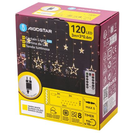 Aigostar - LED vanjski božićni lanac 120 LED/8 funkcija 3x0,6 m IP44 topla bijela + daljinski upravljač