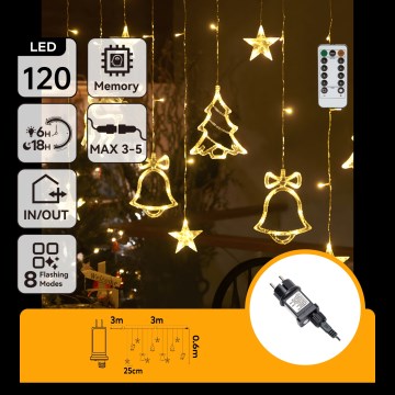 Aigostar - LED vanjski božićni lanac 120xLED/8 funkcija 3x0,6m IP44 topla bijela + daljinski upravljač