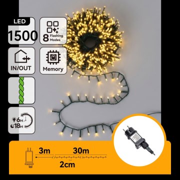Aigostar - LED vanjski božićni lanac 1500xLED/8 funkcija 33m IP44 topla bijela