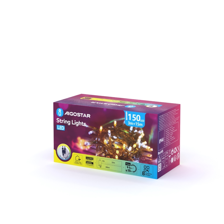 Aigostar - LED vanjska božićna svjetlosna girlanda 150xLED/8 funkcija 18m IP44 topla bijela/hladna bijela