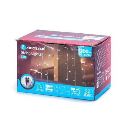 Aigostar - LED vanjska božićna svjetlosna lanac 200xLED/8 funkcija 5x2m IP44 hladno bijela