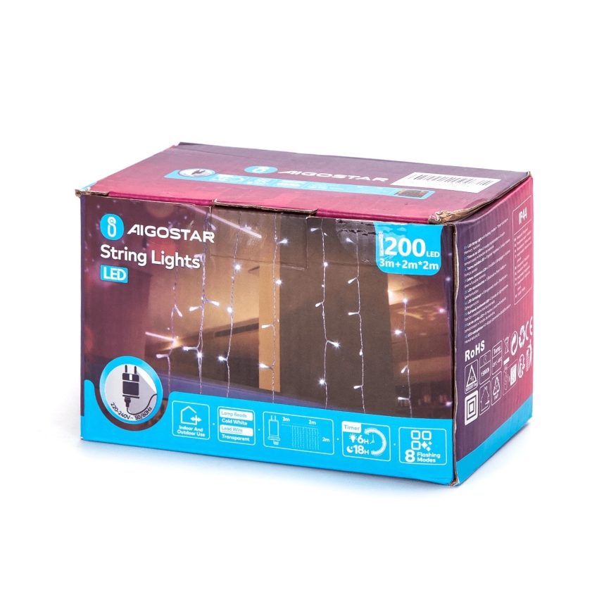 Aigostar - LED vanjska božićna svjetlosna lanac 200xLED/8 funkcija 5x2m IP44 hladno bijela