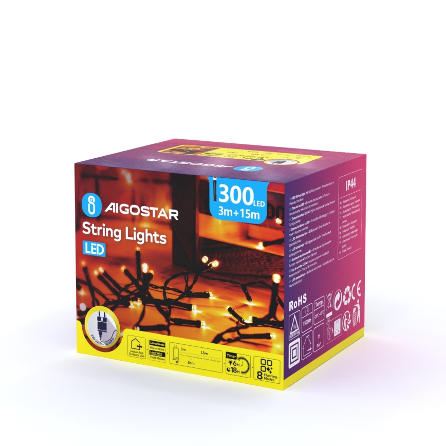 Aigostar - LED vanjska božićna girlanda 300xLED/8 funkcija 18m IP44 topla bijela