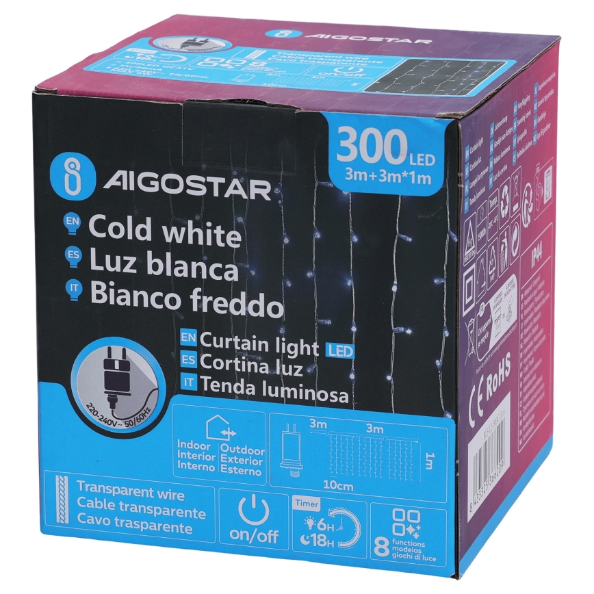 Aigostar - LED vanjska božićna girlanda 300xLED/8 funkcija 3x1m IP44 hladna bijela + daljinski upravljač