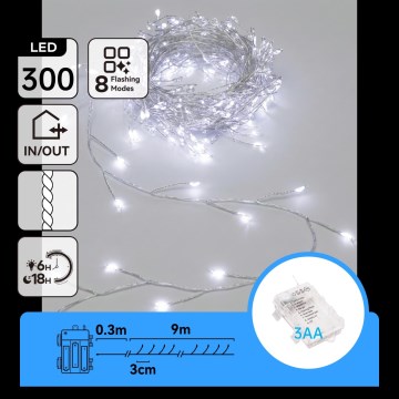 Aigostar - LED Vanjski božićni lanac 300xLED/8 funkcija 3xAA 9,3m IP44 hladno bijela