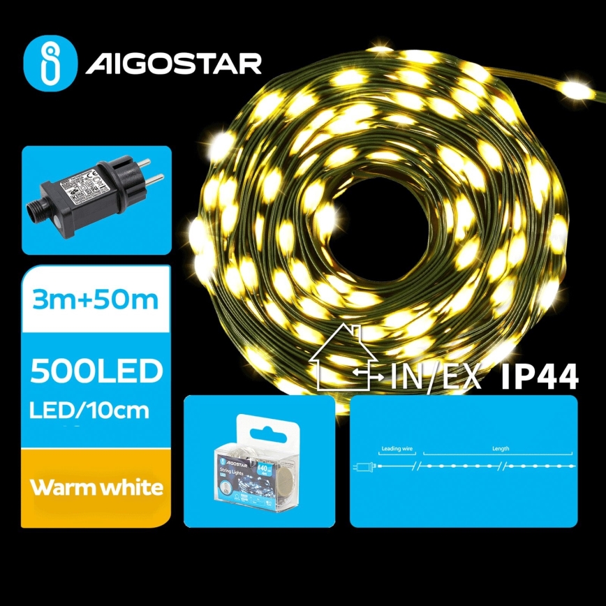 Aigostar - LED vanjski božićni lanac 500xLED/8 funkcija 53m IP44 toplo bijela