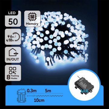Aigostar -LED vanjski božićni lanac 50xLED/8 funkcija 3xAA 5,3m IP44 hladno bijela
