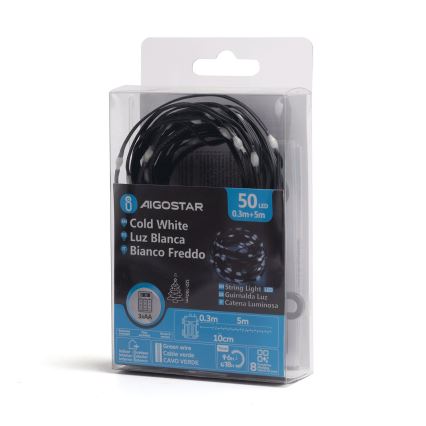 Aigostar -LED vanjski božićni lanac 50xLED/8 funkcija 3xAA 5,3m IP44 hladno bijela